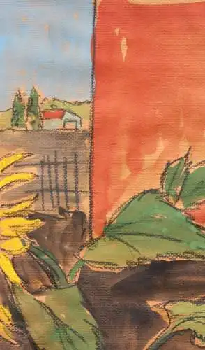 Henning Greite (1940-2010) signiertes Aquarell, Sonnenblumen im Garten, 1989