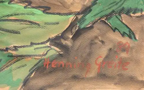 Henning Greite (1940-2010) signiertes Aquarell, Sonnenblumen im Garten, 1989