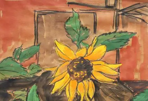 Henning Greite (1940-2010) signiertes Aquarell, Sonnenblumen im Garten, 1989