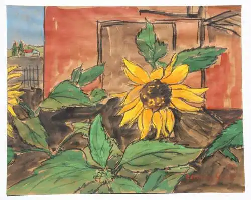 Henning Greite (1940-2010) signiertes Aquarell, Sonnenblumen im Garten, 1989