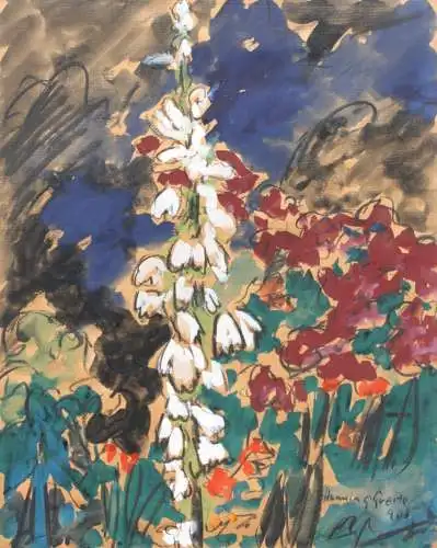 Henning Greite (1940-2010) signiertes Aquarell, blühende Stauden im Garten, 1990