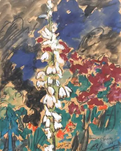 Henning Greite (1940-2010) signiertes Aquarell, blühende Stauden im Garten, 1990