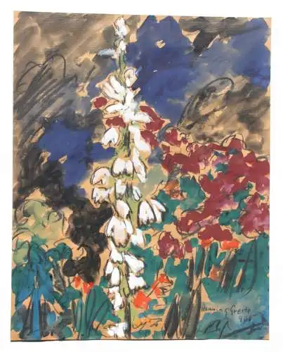 Henning Greite (1940-2010) signiertes Aquarell, blühende Stauden im Garten, 1990