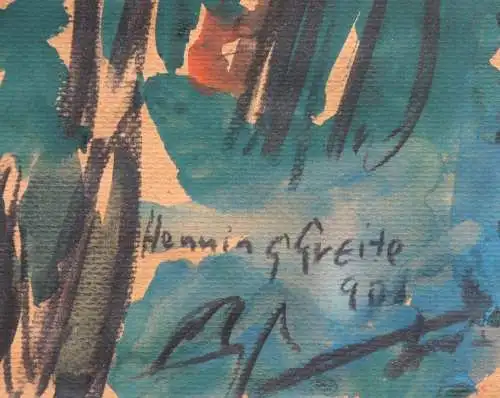 Henning Greite (1940-2010) signiertes Aquarell, blühende Stauden im Garten, 1990
