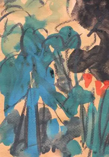 Henning Greite (1940-2010) signiertes Aquarell, blühende Stauden im Garten, 1990