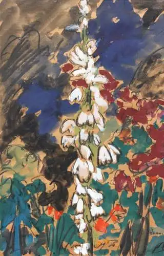 Henning Greite (1940-2010) signiertes Aquarell, blühende Stauden im Garten, 1990