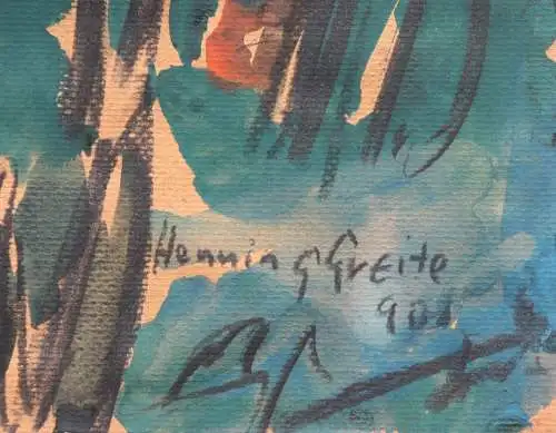 Henning Greite (1940-2010) signiertes Aquarell, blühende Stauden im Garten, 1990