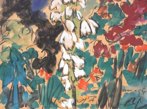 Henning Greite (1940-2010) signiertes Aquarell, blühende Stauden im Garten, 1990