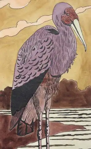 Gelbschnabelstorch, Aquarell, Japonismus, Art Nouveau, Frankreich, um 1900