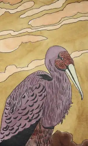 Gelbschnabelstorch, Aquarell, Japonismus, Art Nouveau, Frankreich, um 1900