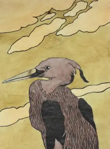 Reiher, Jugendstil Aquarell, Japonismus, Art Nouveau, Frankreich, um 1900