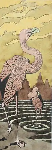 Zwei Flamingos, Jugendstil Aquarell, Japonismus, Art Nouveau, Frankreich um 1900