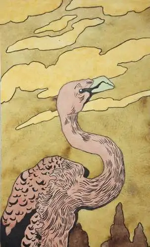 Zwei Flamingos, Jugendstil Aquarell, Japonismus, Art Nouveau, Frankreich um 1900