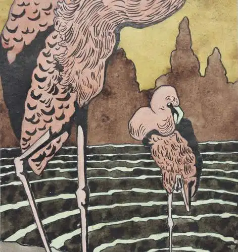 Zwei Flamingos, Jugendstil Aquarell, Japonismus, Art Nouveau, Frankreich um 1900