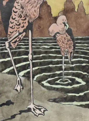 Zwei Flamingos, Jugendstil Aquarell, Japonismus, Art Nouveau, Frankreich um 1900