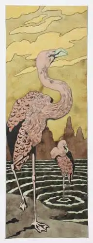 Zwei Flamingos, Jugendstil Aquarell, Japonismus, Art Nouveau, Frankreich um 1900