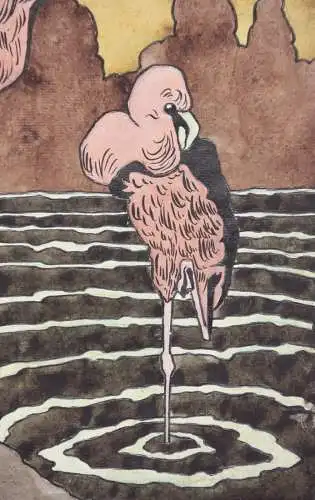 Zwei Flamingos, Jugendstil Aquarell, Japonismus, Art Nouveau, Frankreich um 1900