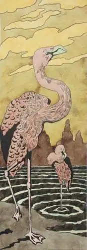 Zwei Flamingos, Jugendstil Aquarell, Japonismus, Art Nouveau, Frankreich um 1900