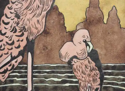 Zwei Flamingos, Jugendstil Aquarell, Japonismus, Art Nouveau, Frankreich um 1900