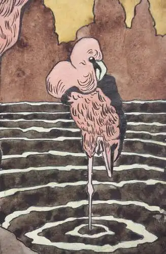 Zwei Flamingos, Jugendstil Aquarell, Japonismus, Art Nouveau, Frankreich um 1900