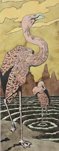 Zwei Flamingos, Jugendstil Aquarell, Japonismus, Art Nouveau, Frankreich um 1900