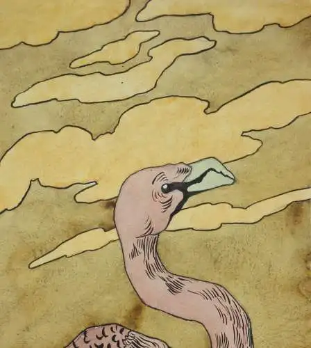 Zwei Flamingos, Jugendstil Aquarell, Japonismus, Art Nouveau, Frankreich um 1900