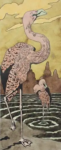 Zwei Flamingos, Jugendstil Aquarell, Japonismus, Art Nouveau, Frankreich um 1900