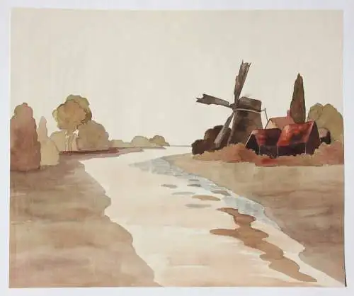 Weite Flusslandschaft mit Windmühle, Aquarell, Art Nouveau, Frankreich um 1900