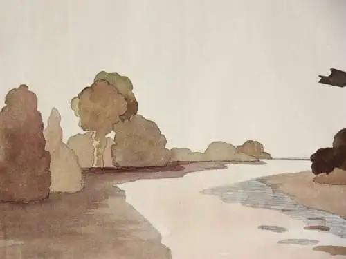 Weite Flusslandschaft mit Windmühle, Aquarell, Art Nouveau, Frankreich um 1900