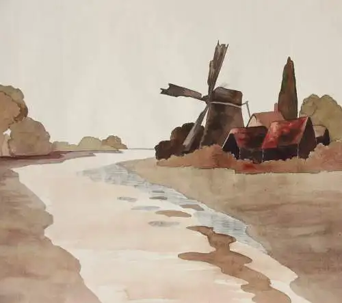 Weite Flusslandschaft mit Windmühle, Aquarell, Art Nouveau, Frankreich um 1900