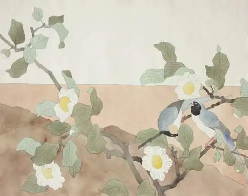 Elstern und Camelienzweig, Aquarell, Japonismus, Kacho-ga, Frankreich, um 1900