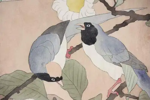 Elstern und Camelienzweig, Aquarell, Japonismus, Kacho-ga, Frankreich, um 1900