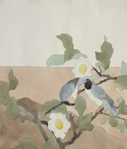 Elstern und Camelienzweig, Aquarell, Japonismus, Kacho-ga, Frankreich, um 1900