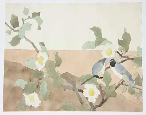 Elstern und Camelienzweig, Aquarell, Japonismus, Kacho-ga, Frankreich, um 1900