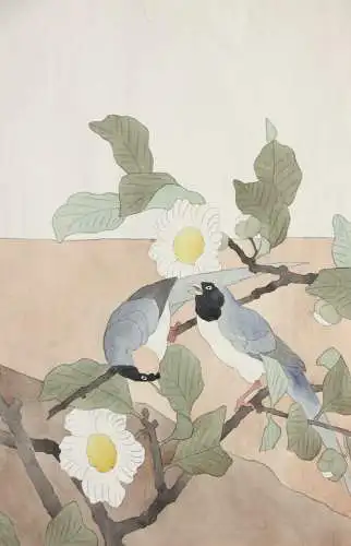 Elstern und Camelienzweig, Aquarell, Japonismus, Kacho-ga, Frankreich, um 1900
