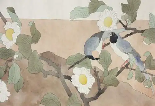 Elstern und Camelienzweig, Aquarell, Japonismus, Kacho-ga, Frankreich, um 1900