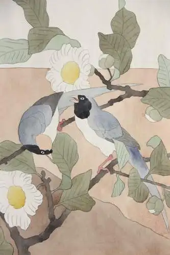 Elstern und Camelienzweig, Aquarell, Japonismus, Kacho-ga, Frankreich, um 1900