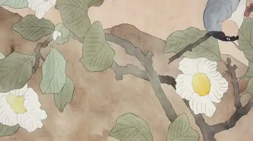 Elstern und Camelienzweig, Aquarell, Japonismus, Kacho-ga, Frankreich, um 1900