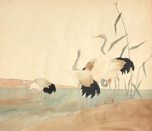 Vier Kraniche am Ufer, Aquarell, Japonismus, Art Nouveau, Frankreich um 1900