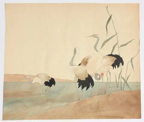 Vier Kraniche am Ufer, Aquarell, Japonismus, Art Nouveau, Frankreich um 1900