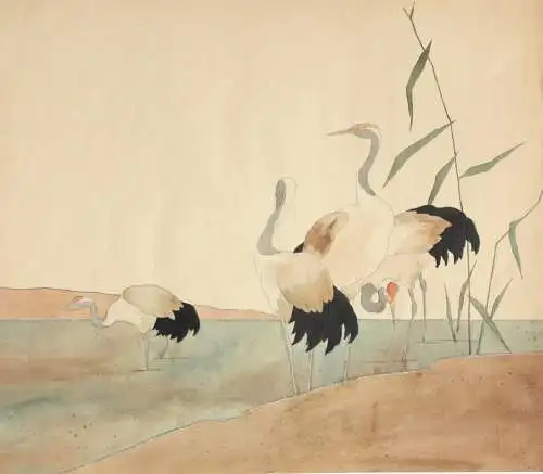 Vier Kraniche am Ufer, Aquarell, Japonismus, Art Nouveau, Frankreich um 1900