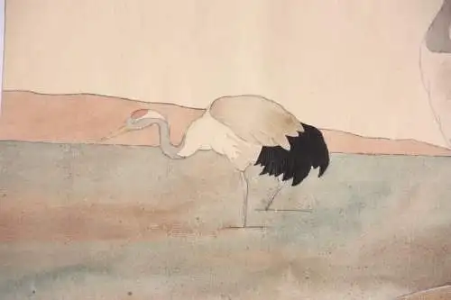 Vier Kraniche am Ufer, Aquarell, Japonismus, Art Nouveau, Frankreich um 1900