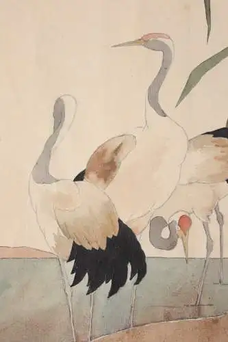 Vier Kraniche am Ufer, Aquarell, Japonismus, Art Nouveau, Frankreich um 1900