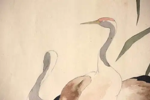 Vier Kraniche am Ufer, Aquarell, Japonismus, Art Nouveau, Frankreich um 1900