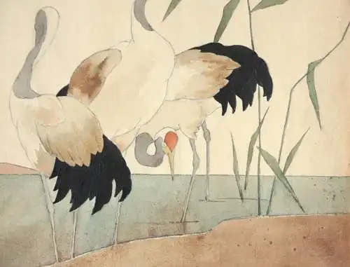 Vier Kraniche am Ufer, Aquarell, Japonismus, Art Nouveau, Frankreich um 1900