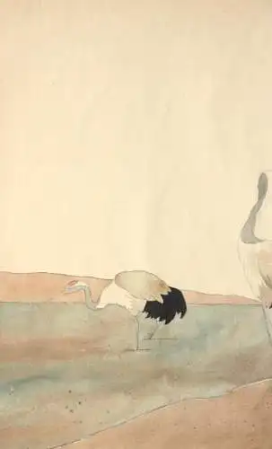 Vier Kraniche am Ufer, Aquarell, Japonismus, Art Nouveau, Frankreich um 1900