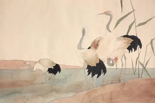 Vier Kraniche am Ufer, Aquarell, Japonismus, Art Nouveau, Frankreich um 1900