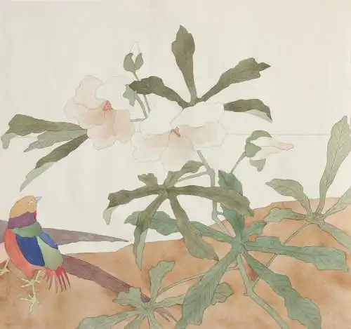 Sittich mit Maniok-Hibiskus, Aquarell, Japonismus, Kacho-ga, Frankreich, um 1900