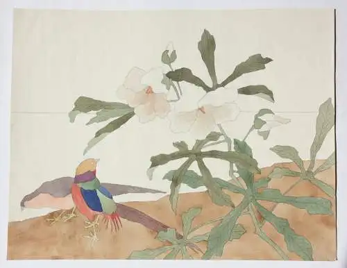 Sittich mit Maniok-Hibiskus, Aquarell, Japonismus, Kacho-ga, Frankreich, um 1900