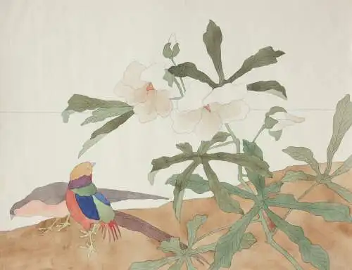 Sittich mit Maniok-Hibiskus, Aquarell, Japonismus, Kacho-ga, Frankreich, um 1900